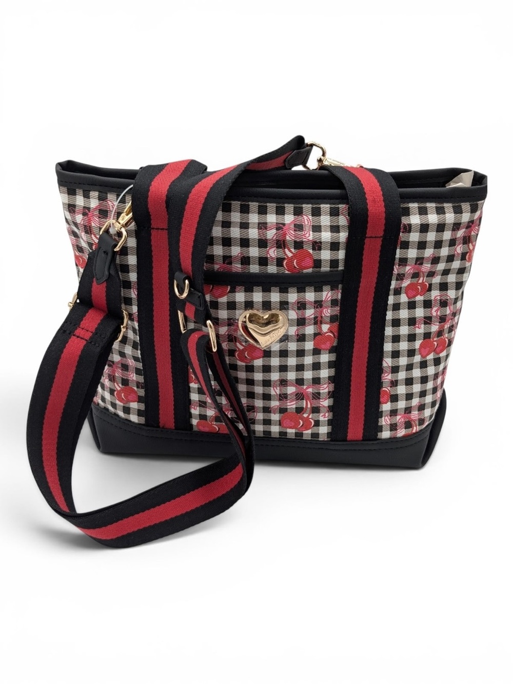 Betsey Johnson Black Plaid Tote with Red Cherry Print and Gold Heart